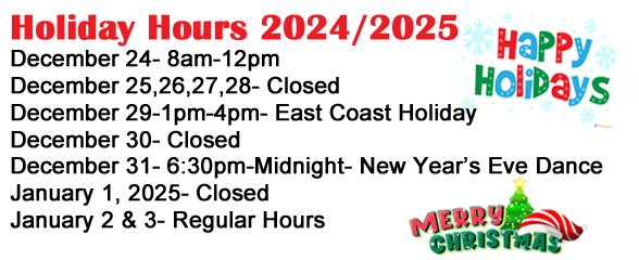 Closed on Dec 25,26,28 and Dec 30 and Jan 1